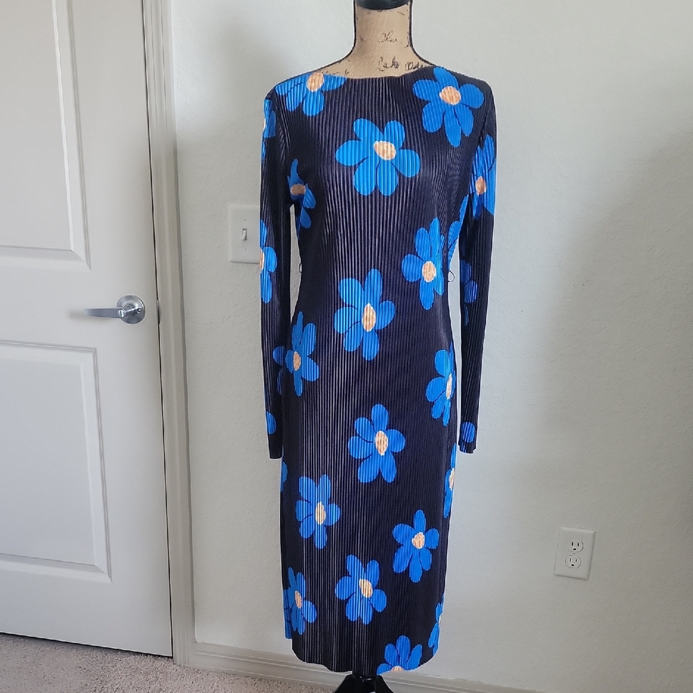 Blue Sheath Long Sleeve Bateau Dress